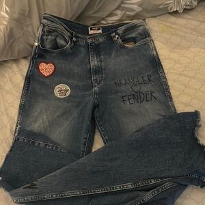 Wrangler Blue Straight Leg Jeans with Distressed Details